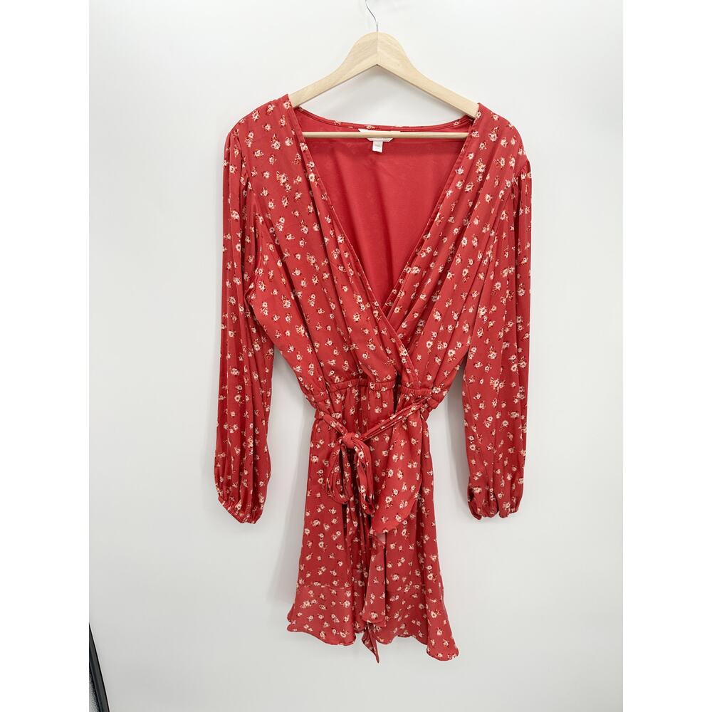 Lauren Conrad Dress Women XXL Red Microfloral Faux Wrap Knee Length Satin Fall